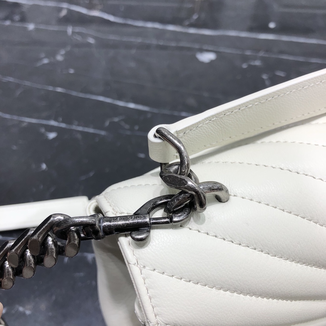 Saint Laurent Lambskin College Handbag Shoulder Bag White 600279 Silver